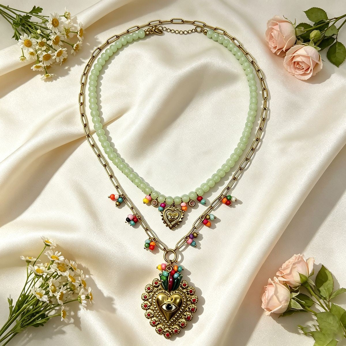 18k Boho Multi-Color Beaded Evil Eye Necklace