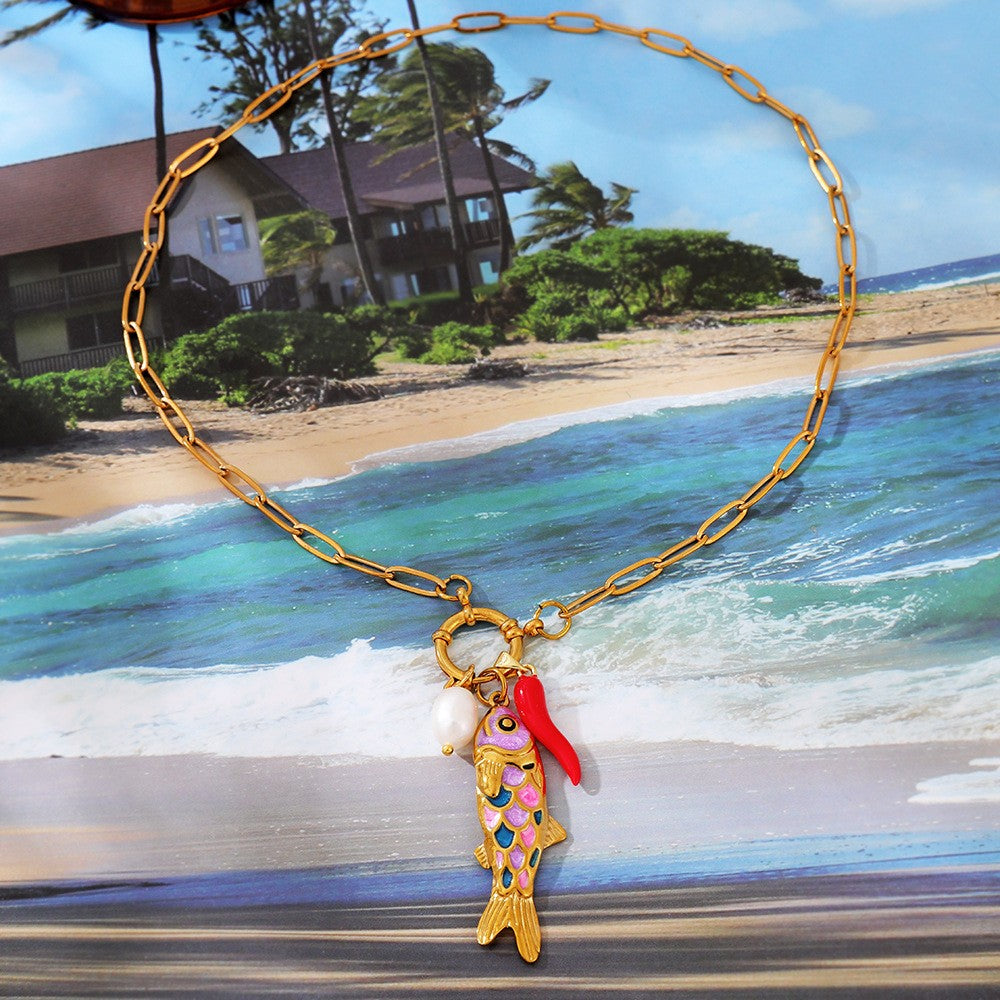 Dainty Enamel Koi Fish & Pearl Necklace