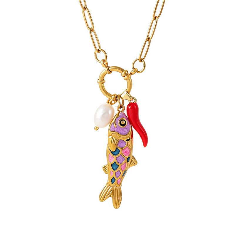 Dainty Enamel Koi Fish & Pearl Necklace