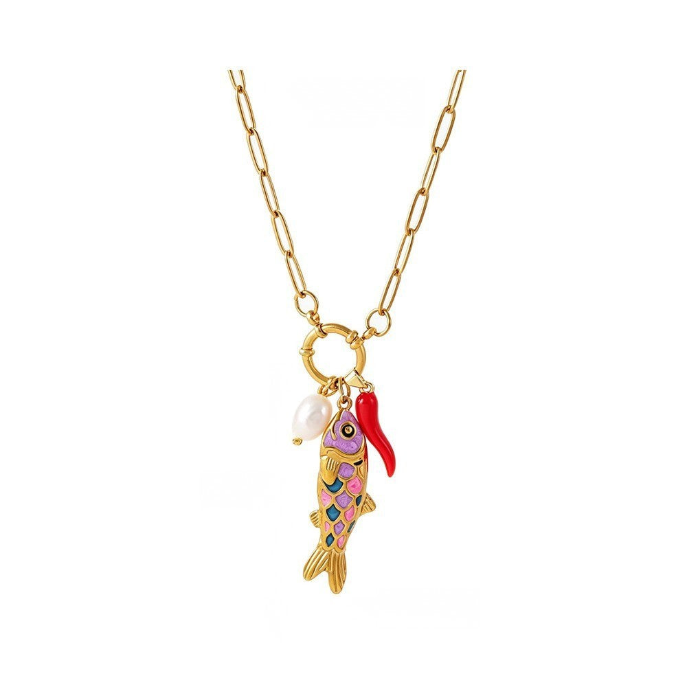 Dainty Enamel Koi Fish & Pearl Necklace