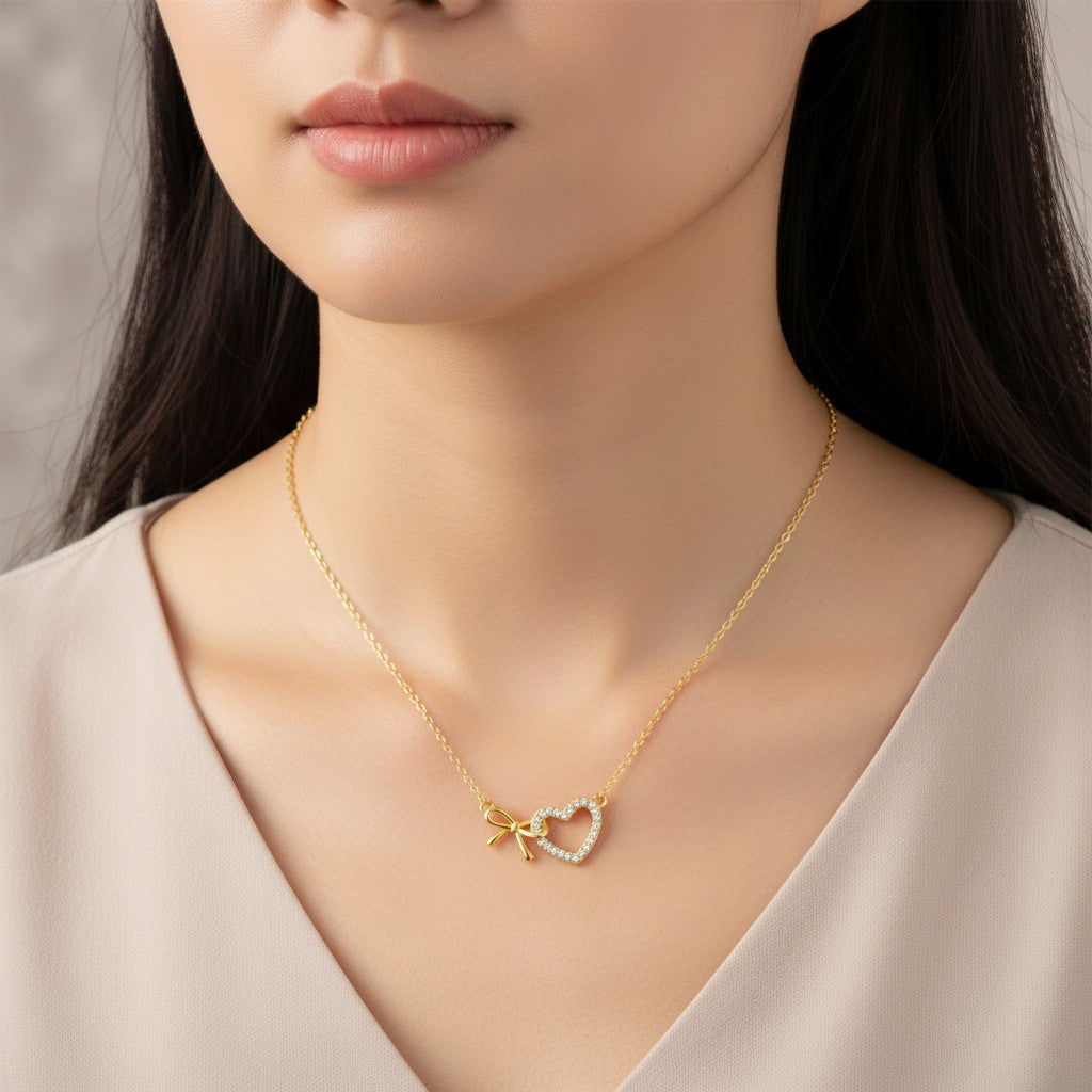 Romantic Pave Zirconia Bow Heart Necklace