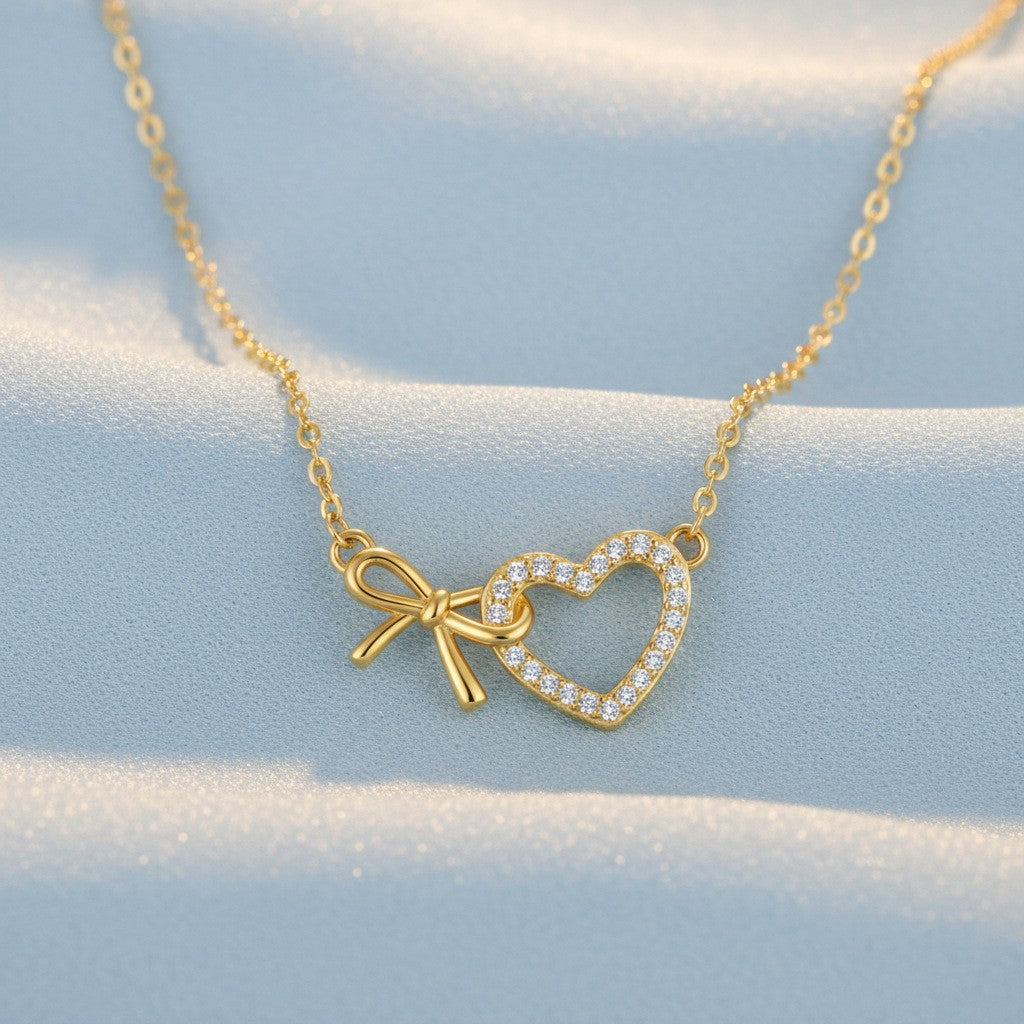 Romantic Pave Zirconia Bow Heart Necklace