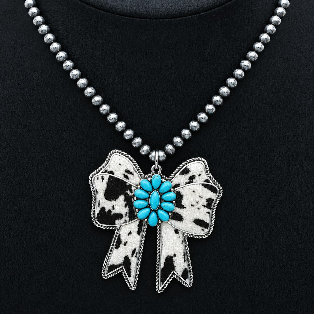 Boho Cow Print Bow Necklace