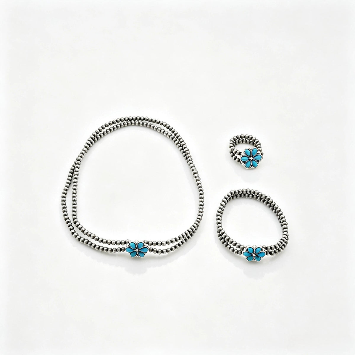 Vintage Turquoise Flower Beaded Necklace, Bracelet & Earring Set