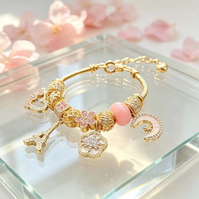 Romantic Eiffel Tower & Moon Charm Bracelet
