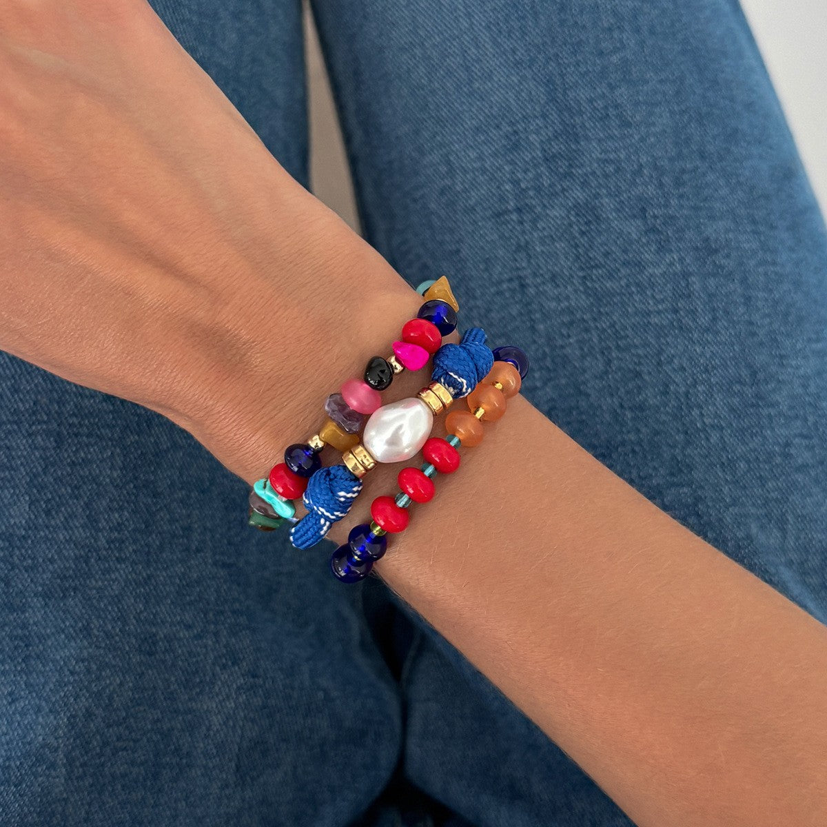 3pc Boho Colorful Stone & Pearl Bracelet Set