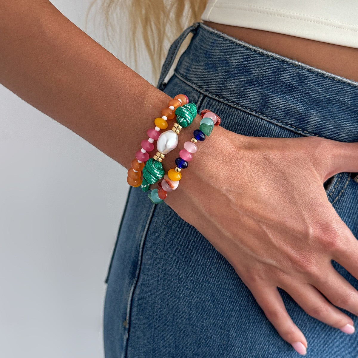 3pc Boho Colorful Stone & Pearl Bracelet Set