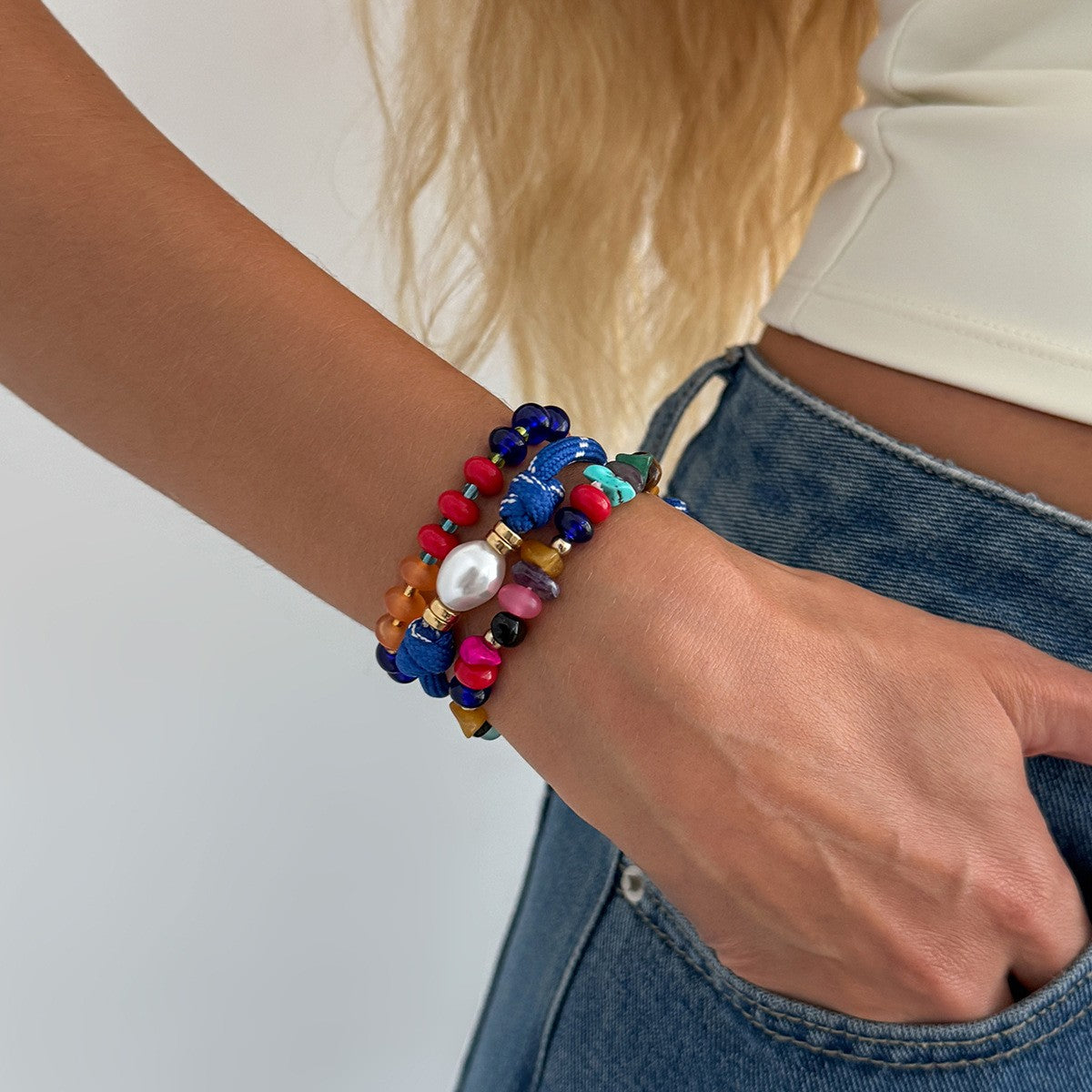3pc Boho Colorful Stone & Pearl Bracelet Set