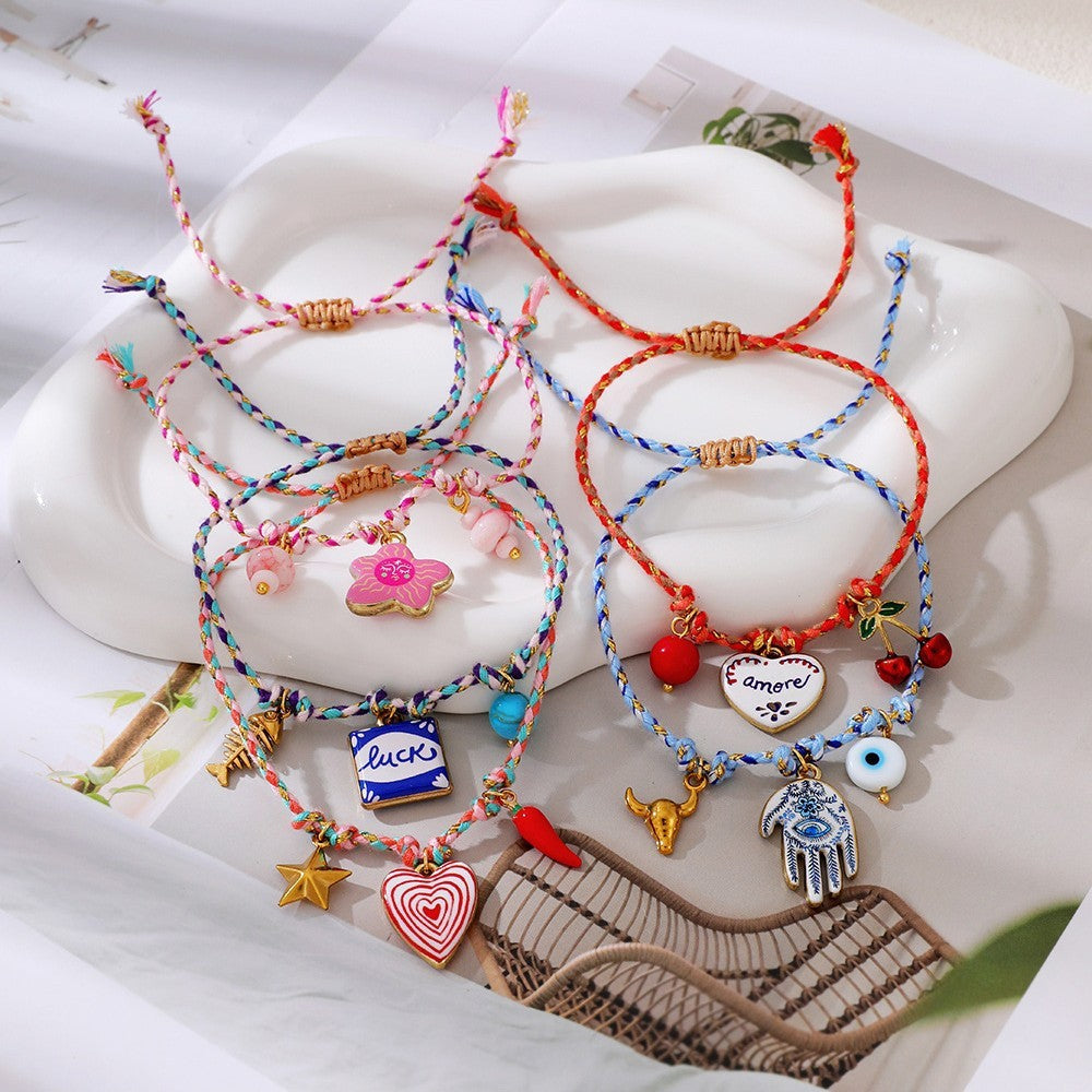 Boho Enamel Charm Cord Bracelet Set