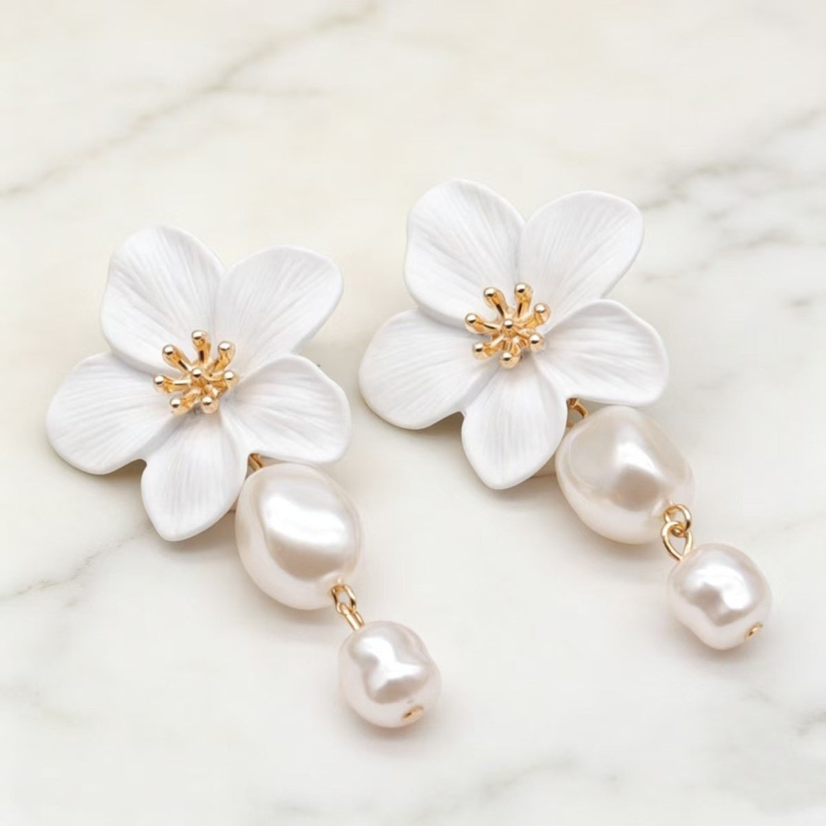 Romantic White Flower Faux Pearl Drop Earrings