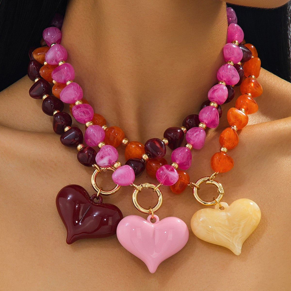 Romantic Multi-Strand Acrylic Heart Necklace