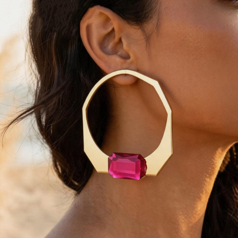 Classy Geometric Ruby Accent Hoop Earrings