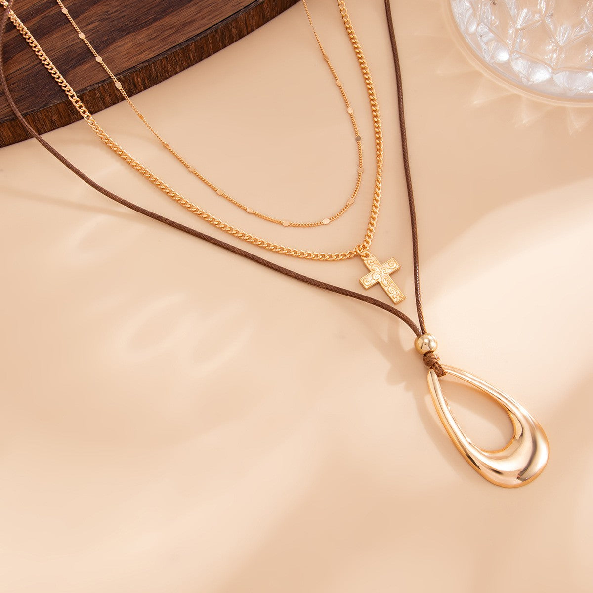 Classy Layered Cross & Teardrop Necklace