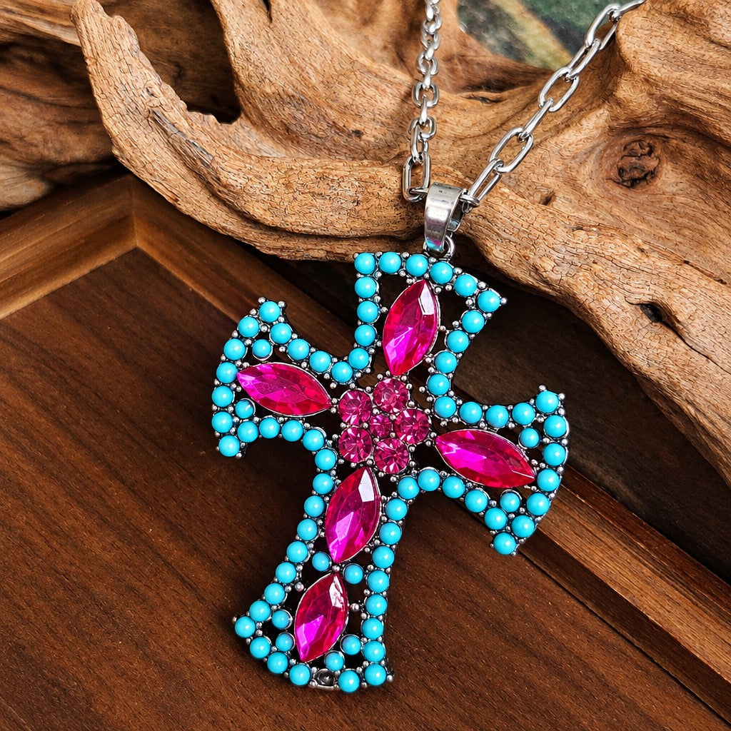 Boho Pink & Turquoise Cross Necklace