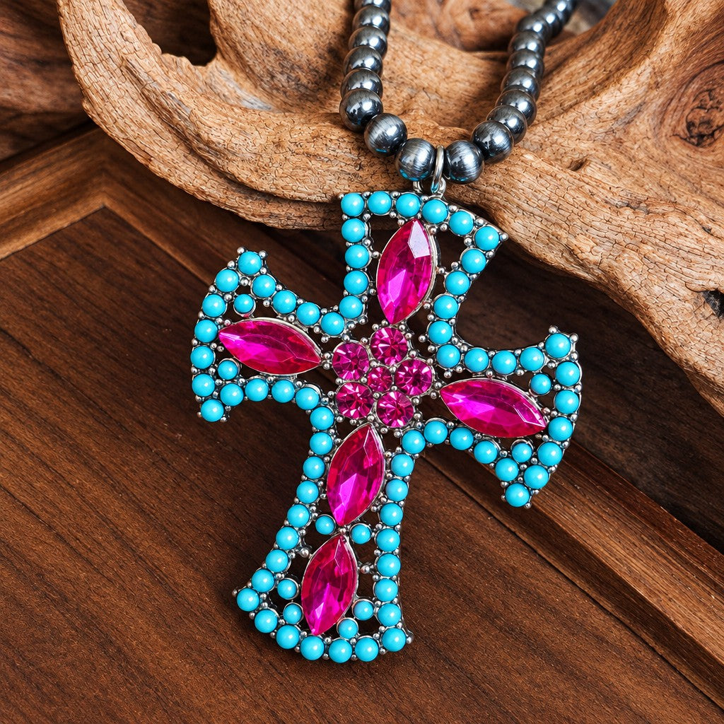 Boho Pink & Turquoise Cross Necklace