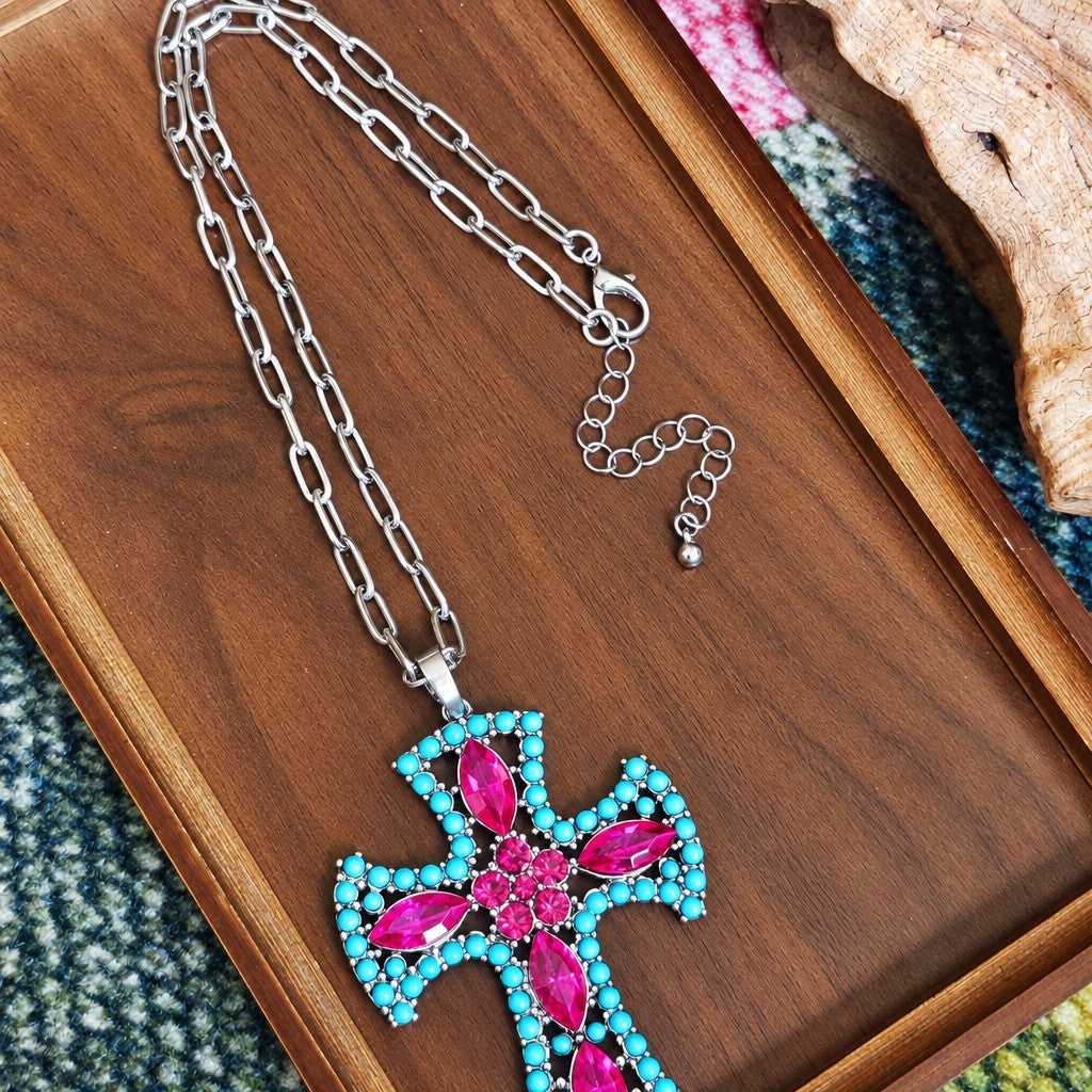 Boho Pink & Turquoise Cross Necklace