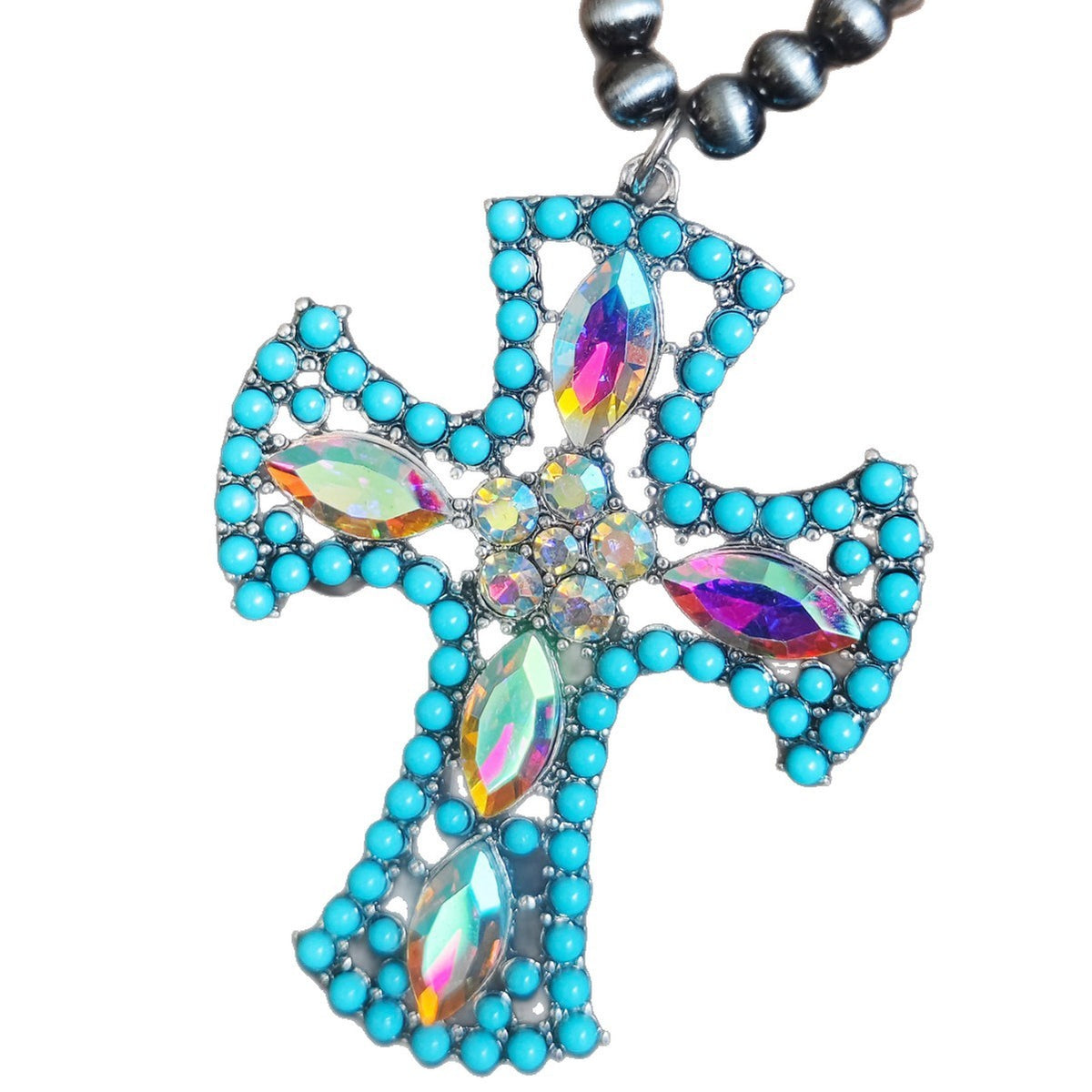 Boho Pink & Turquoise Cross Necklace