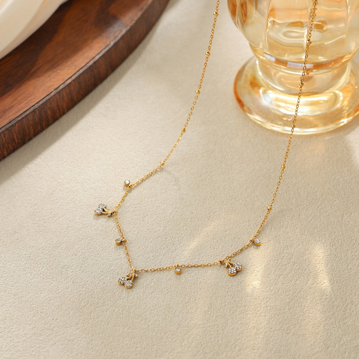 Dainty Rhinestone Cherry & Star Necklace
