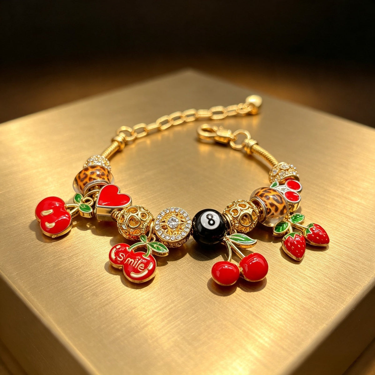 Playful Cherry and Heart Charm Bracelet