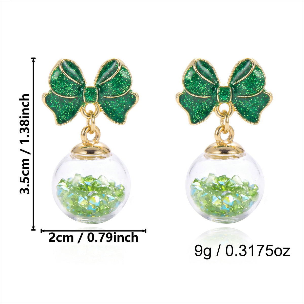 Festive Green Bow Quicksand Ball Earrings