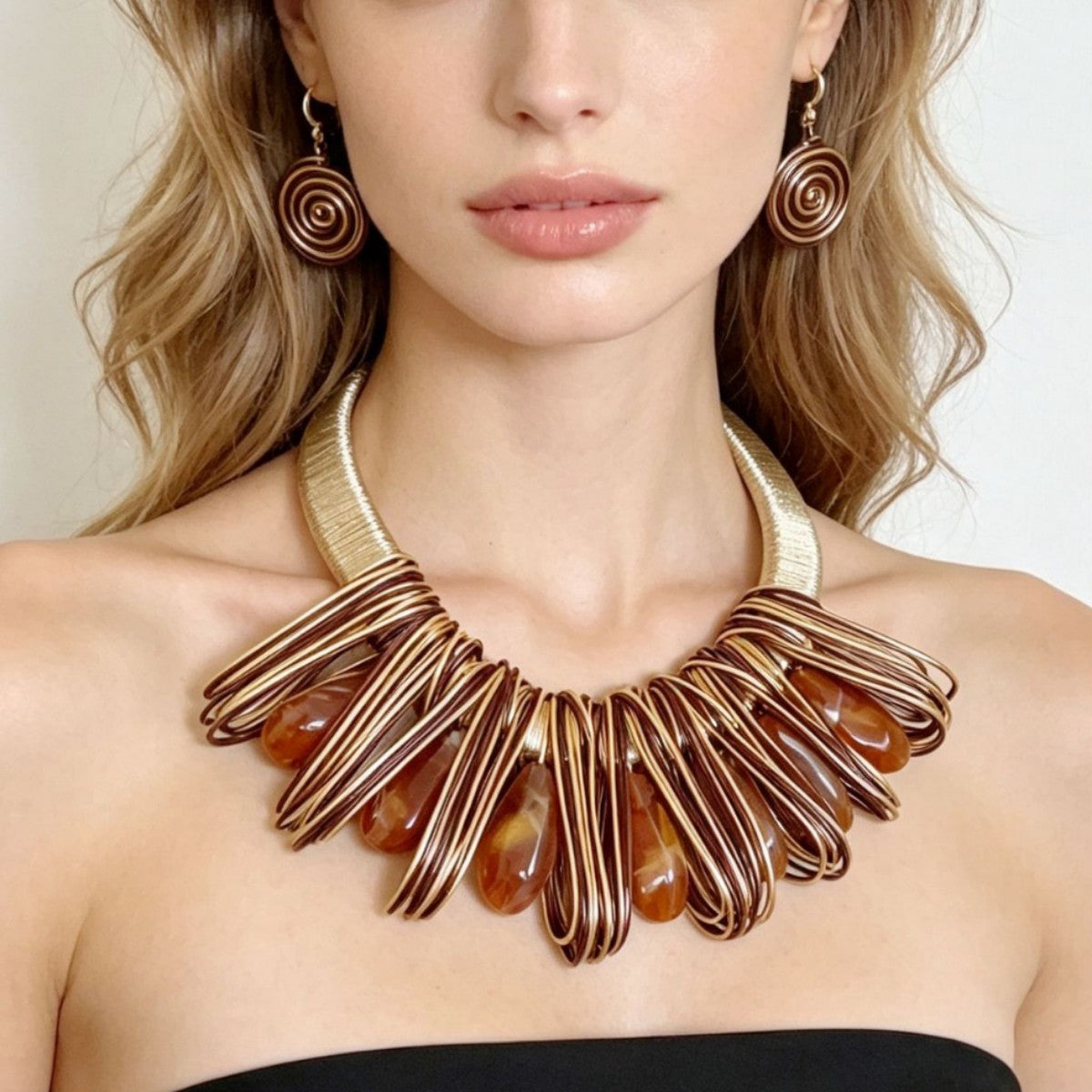 Boho Emerald Wire Collar Necklace & Earring Set