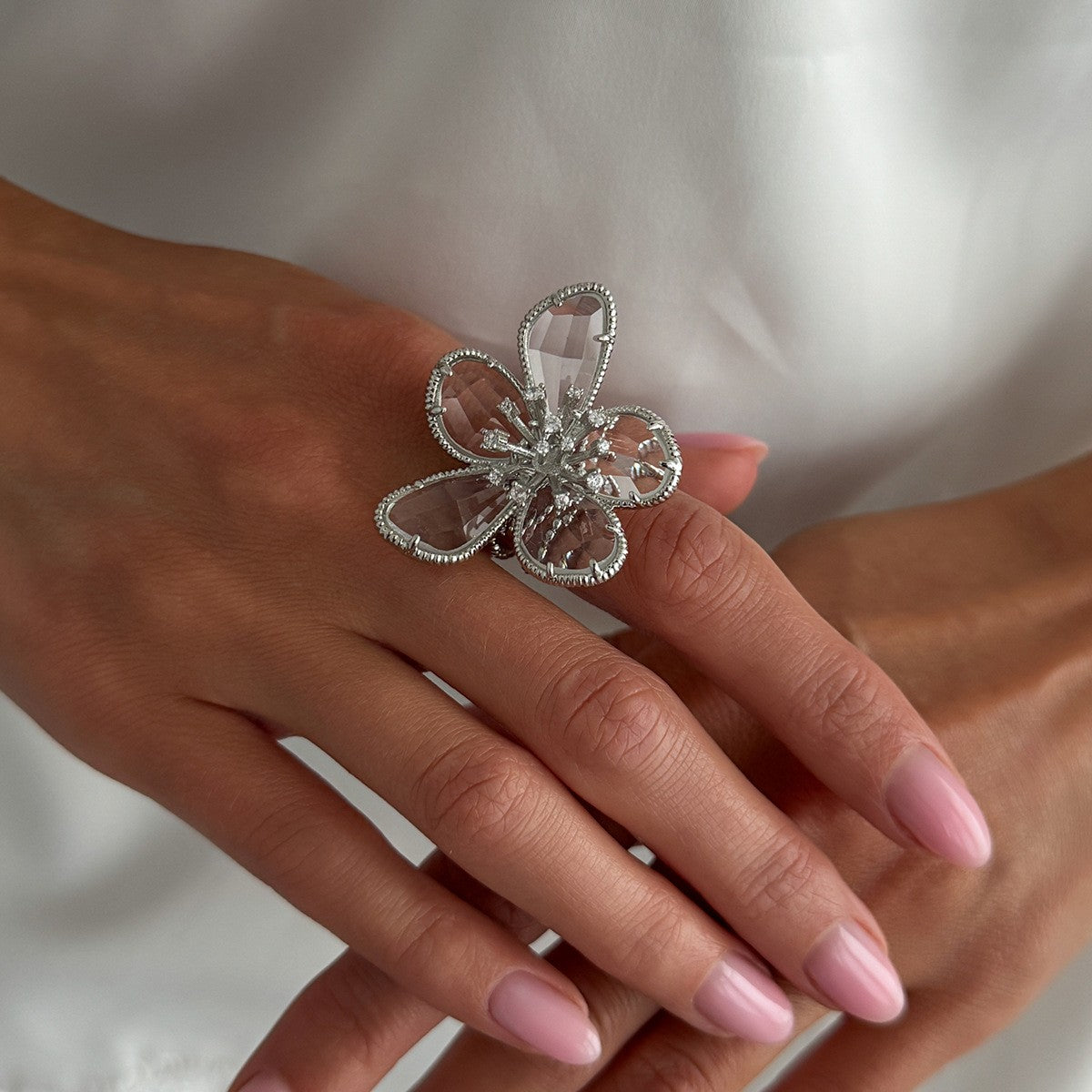 Romantic Faceted Glass Flower Statement Ring