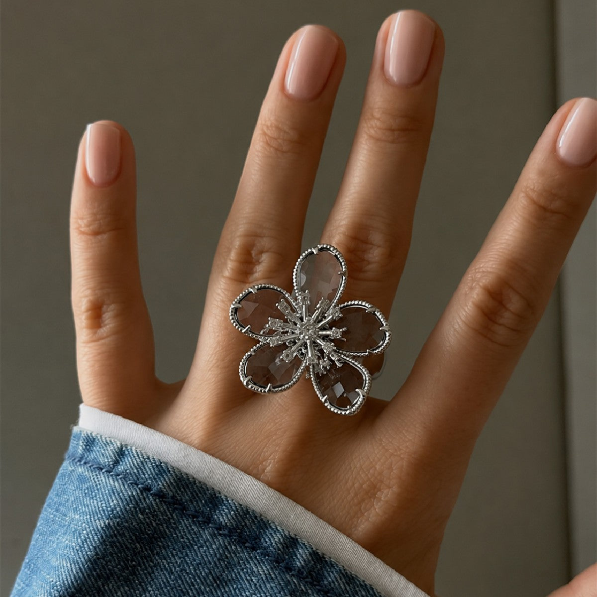 Romantic Faceted Glass Flower Statement Ring