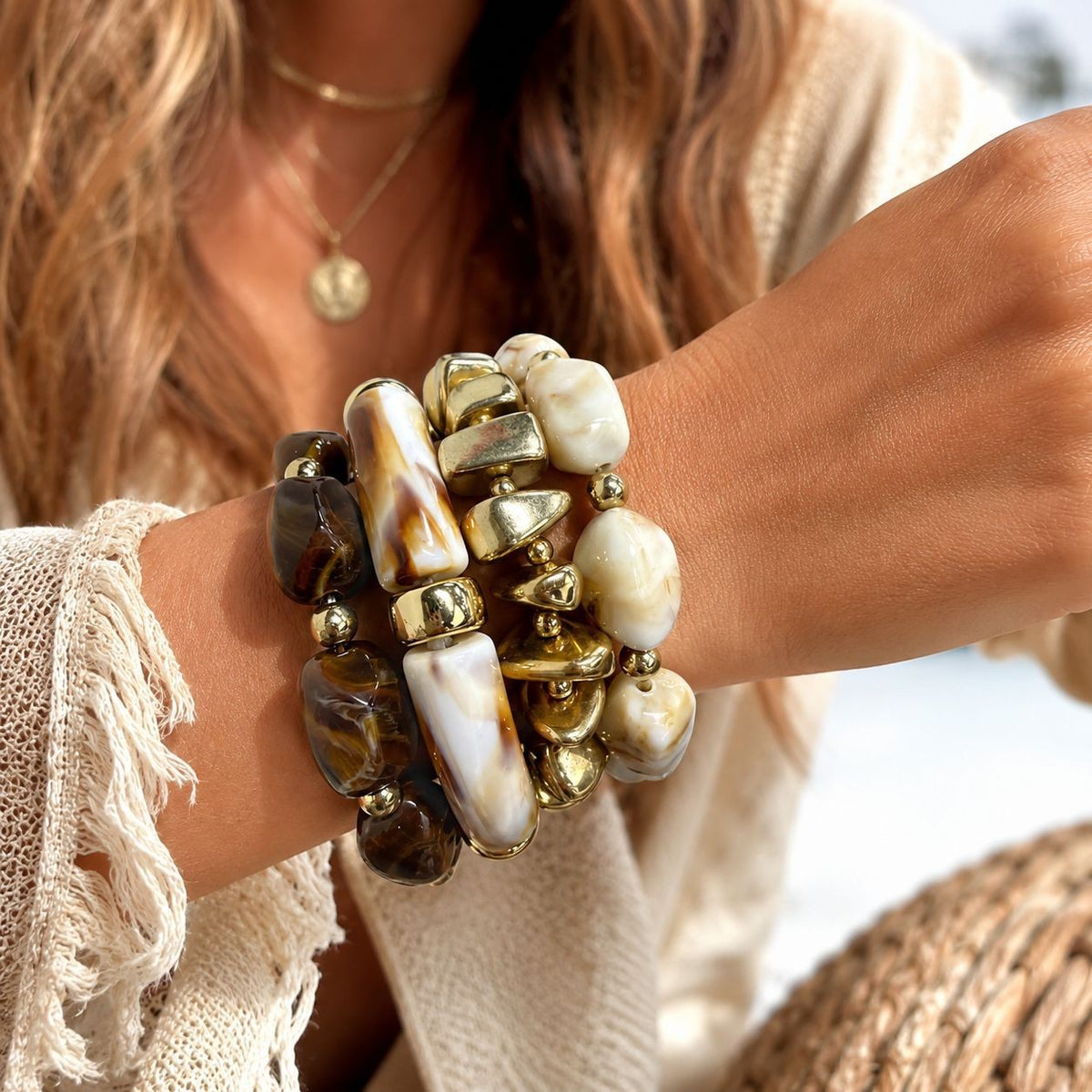 Boho Tortoise Resin & Gold Bead Bracelet Stack