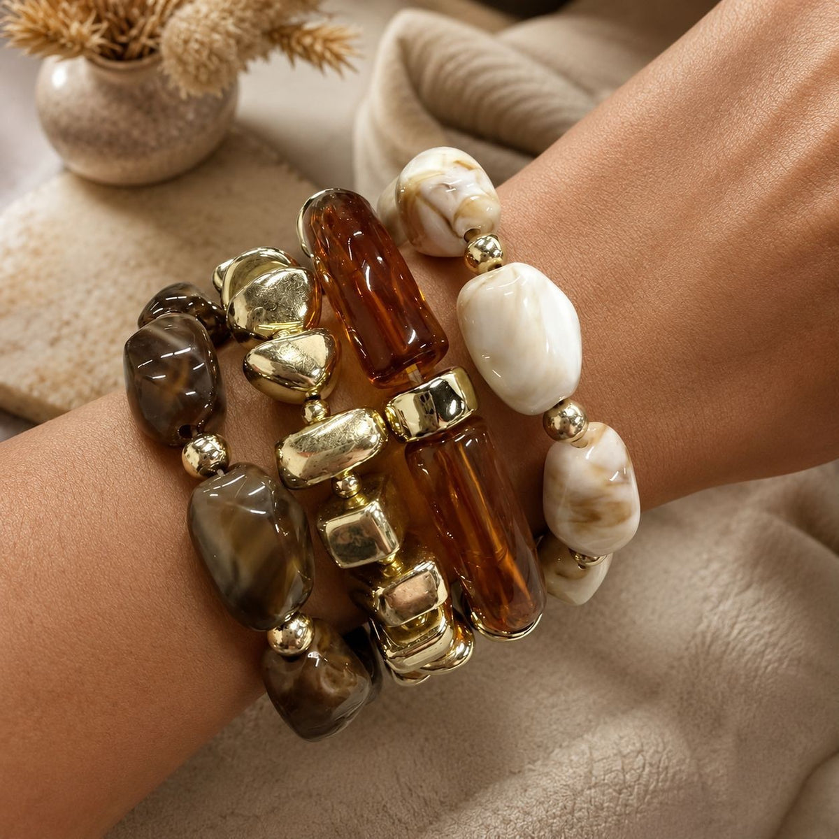 Boho Tortoise Resin & Gold Bead Bracelet Stack