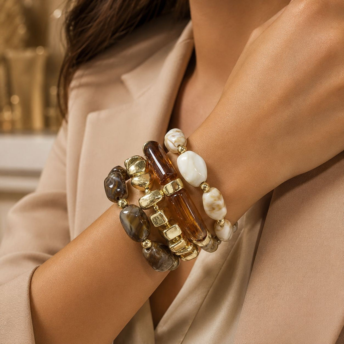 Boho Tortoise Resin & Gold Bead Bracelet Stack