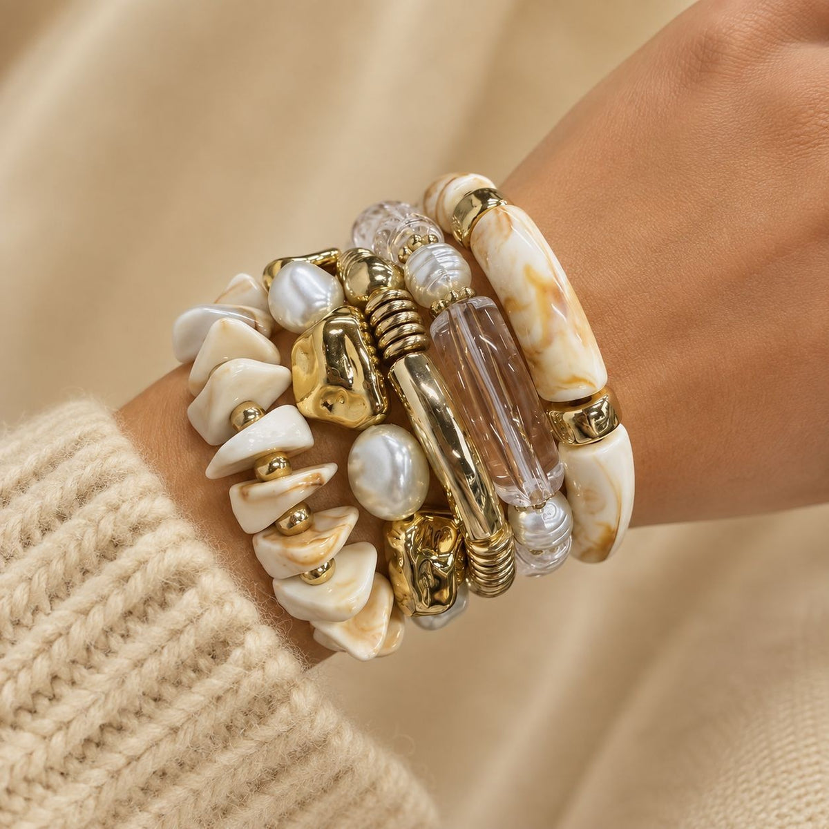 Boho Tortoise Resin & Gold Bead Bracelet Stack