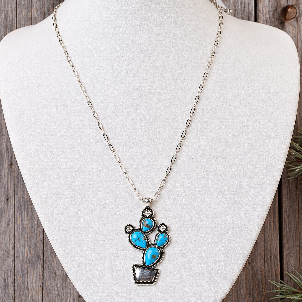 Boho Vintage Turquoise Cactus Pendant Necklace
