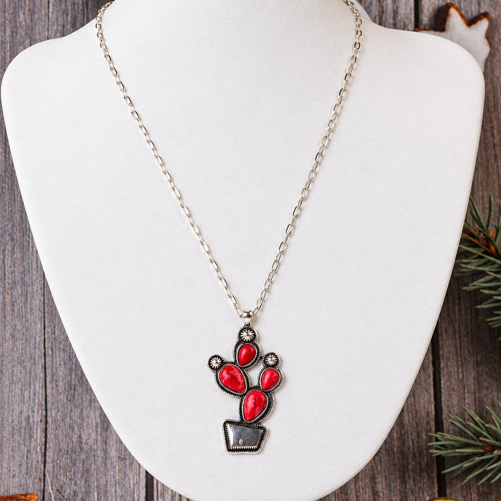 Boho Vintage Turquoise Cactus Pendant Necklace
