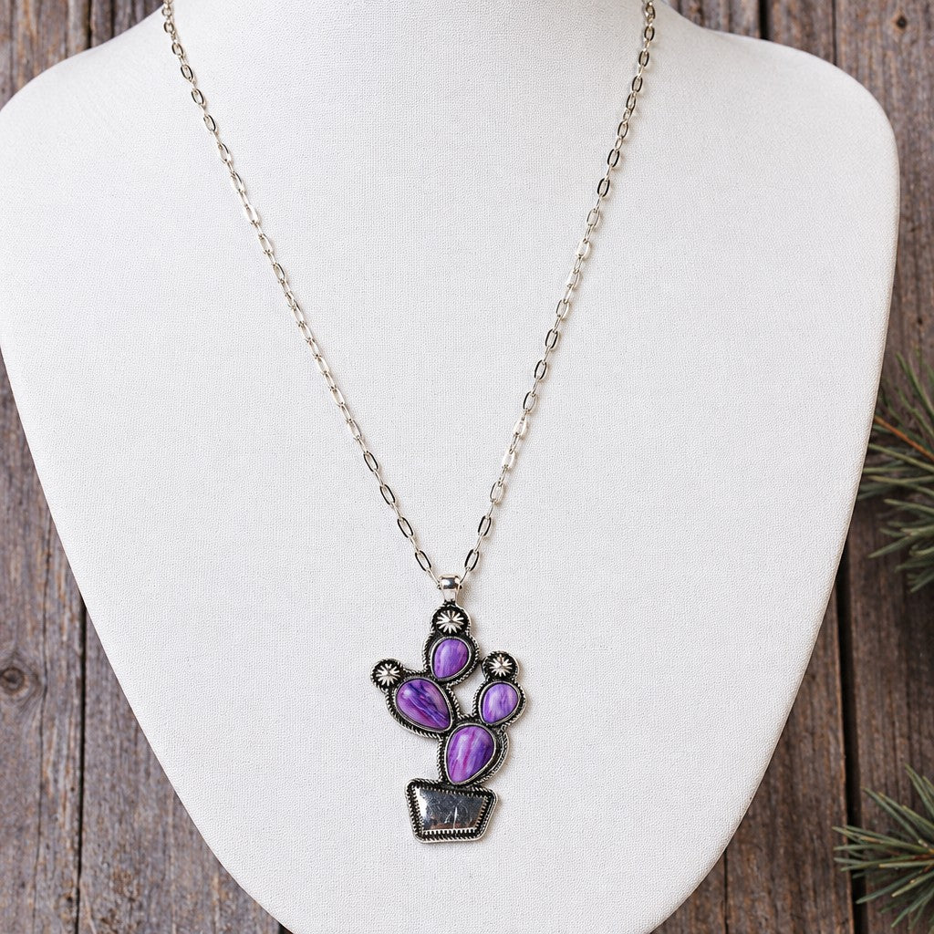 Boho Vintage Turquoise Cactus Pendant Necklace