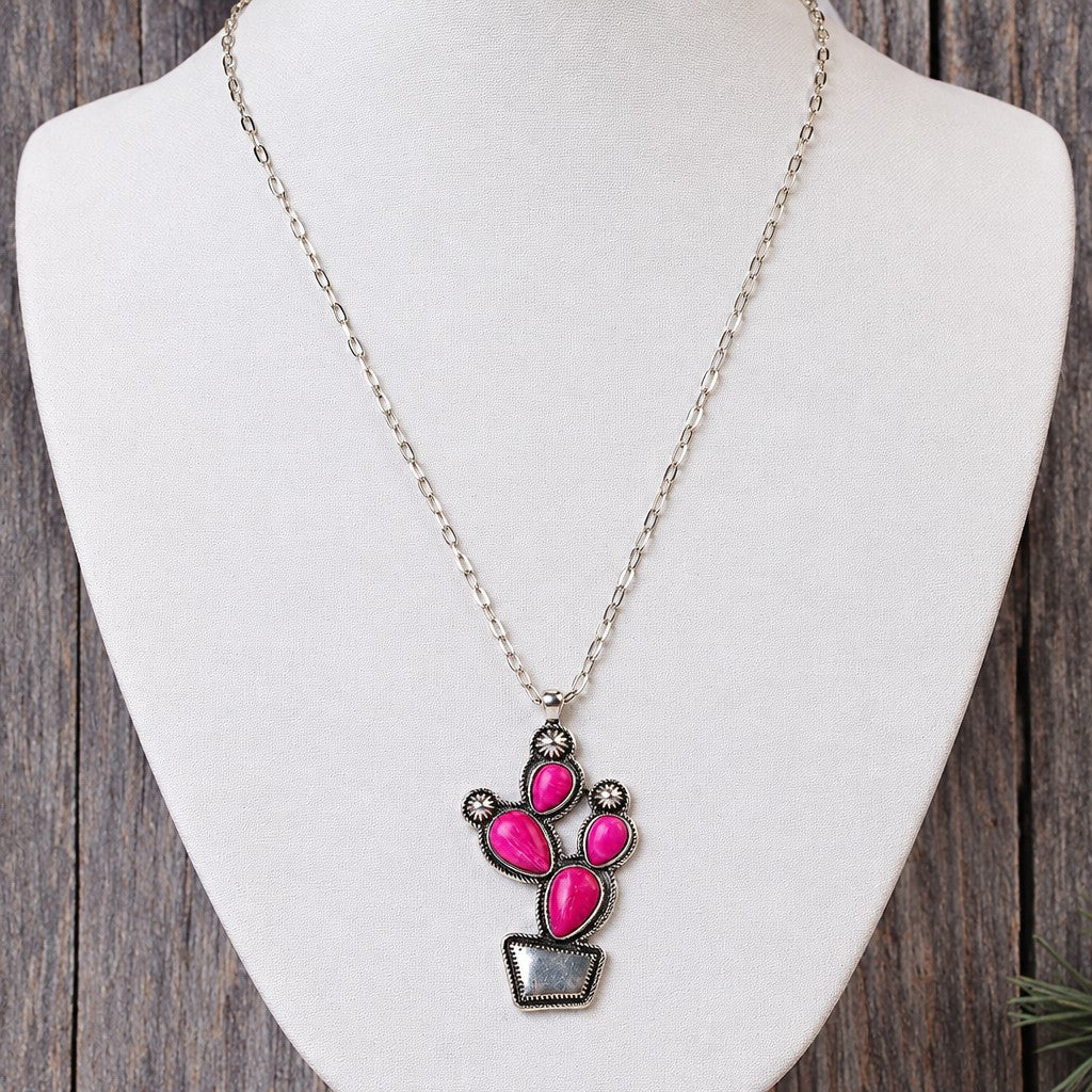 Boho Vintage Turquoise Cactus Pendant Necklace