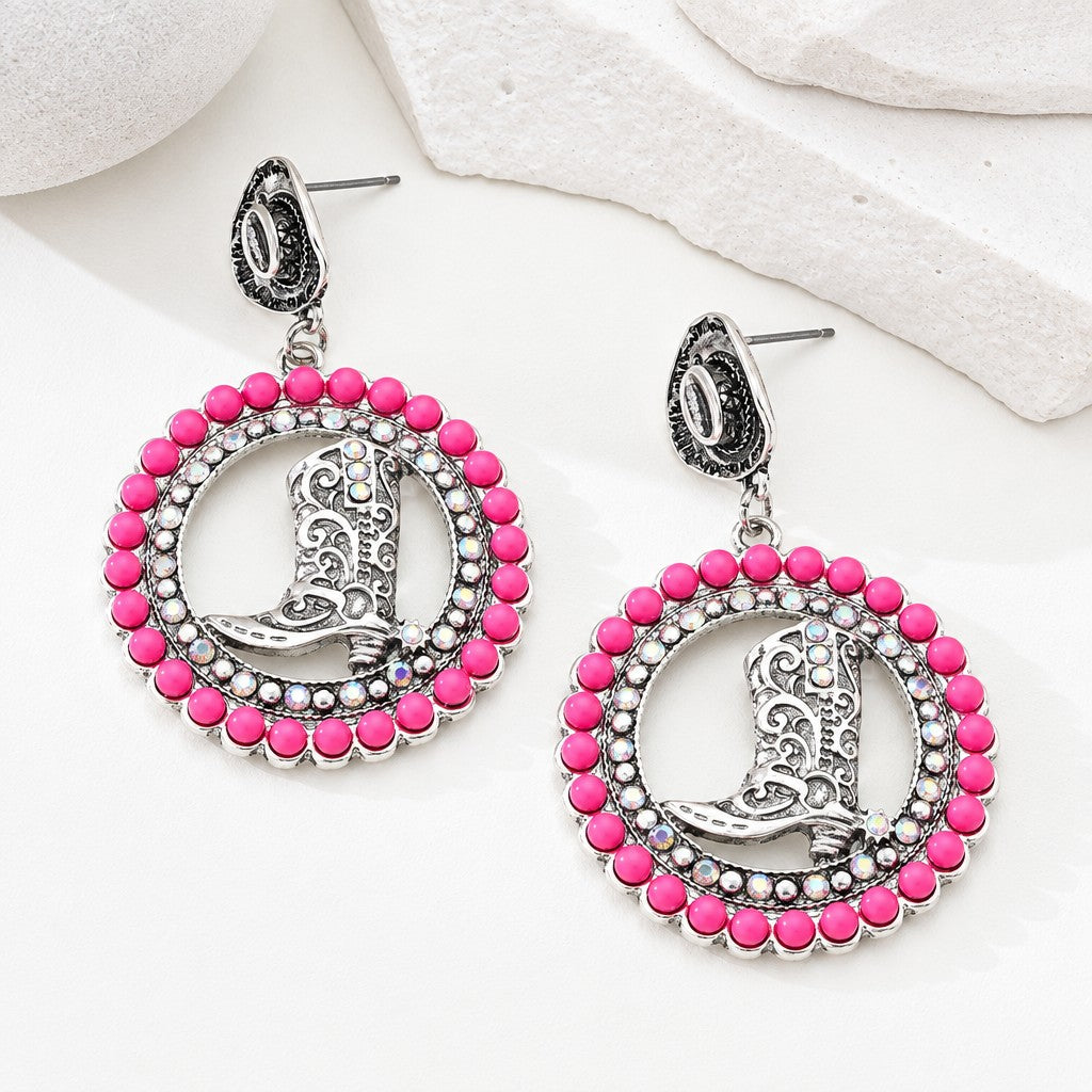 Boho Pink Beaded Cowboy Boot Earrings