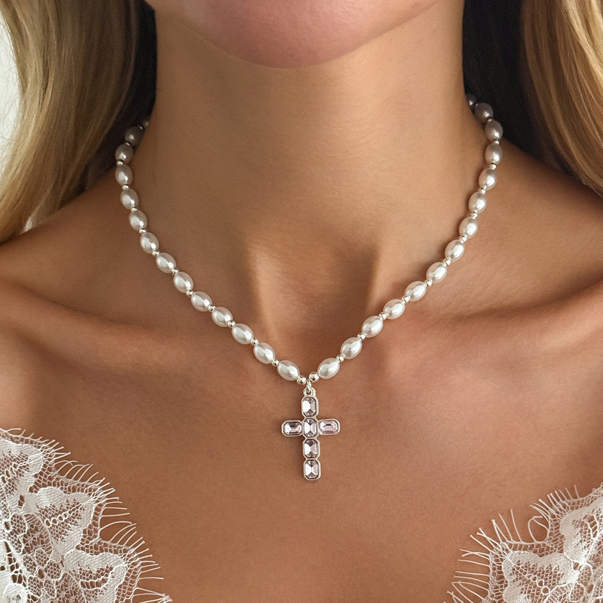 Dainty Faux Pearl Blue Crystal Cross Necklace