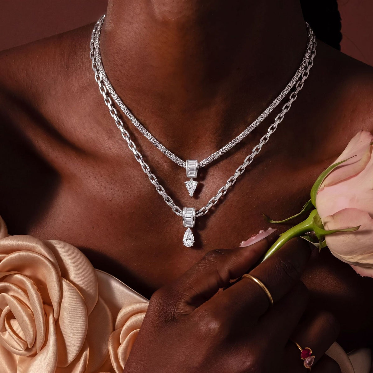 Classy Dual Chain Pear Pendant Necklace