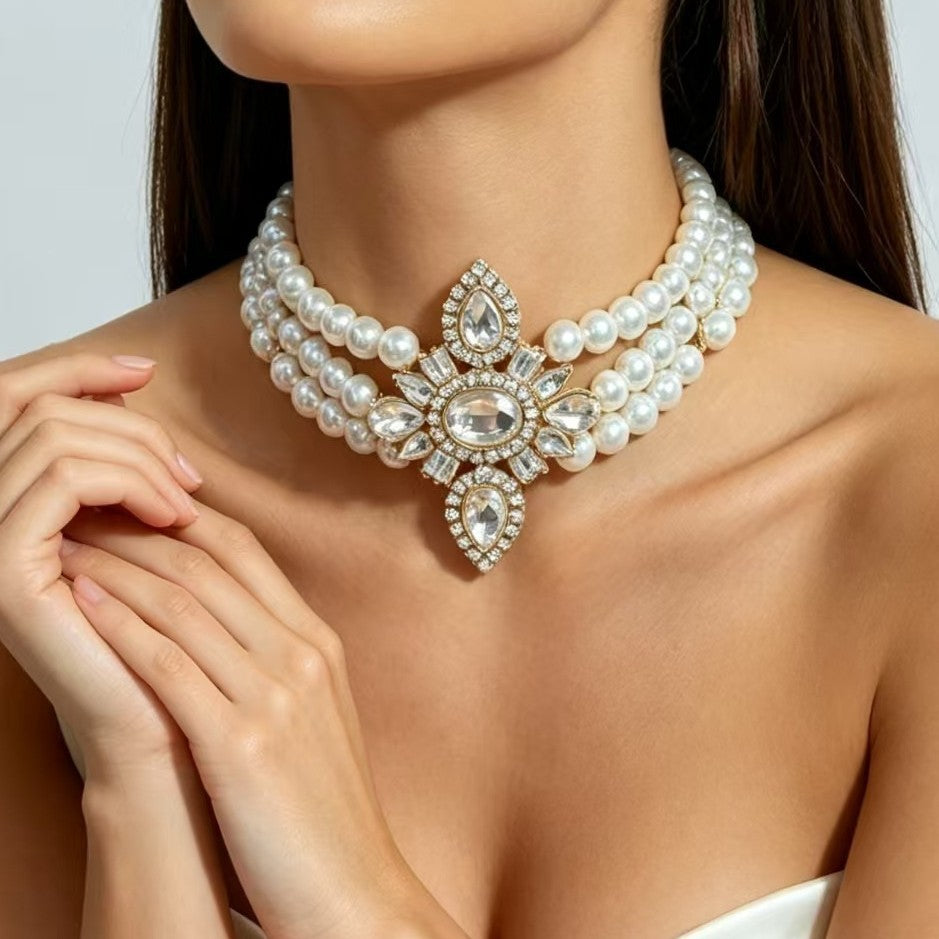 Classy Multi-Strand Pearl Crystal Choker