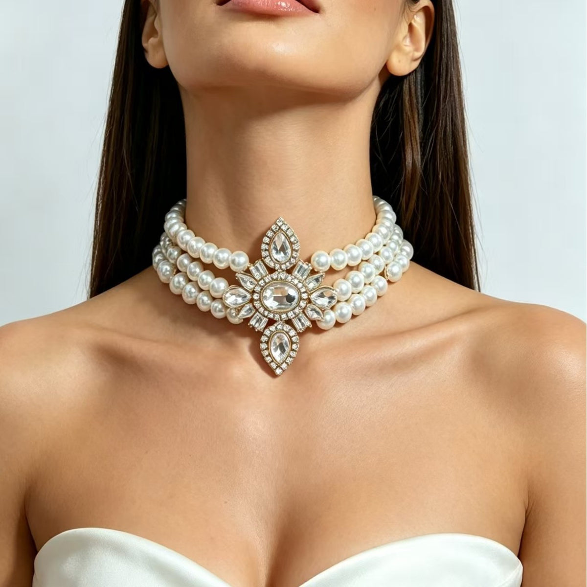 Classy Multi-Strand Pearl Crystal Choker