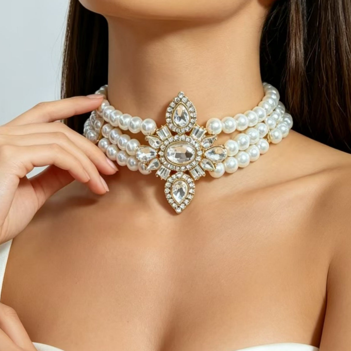 Classy Multi-Strand Pearl Crystal Choker