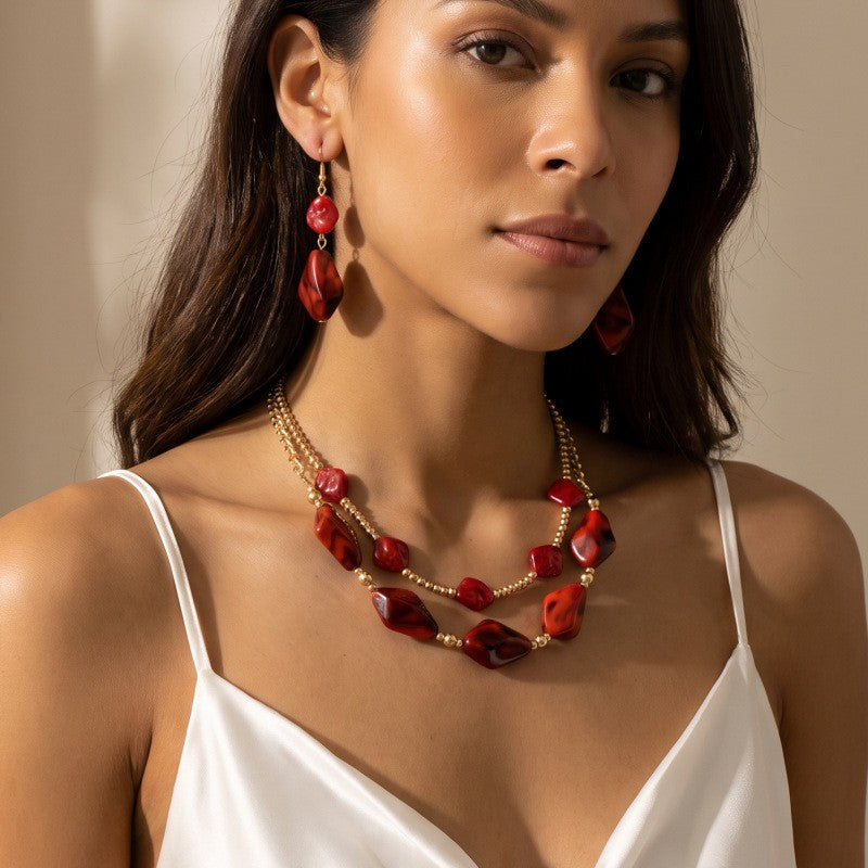 Classy Red Geometric Resin Necklace & Earring Set