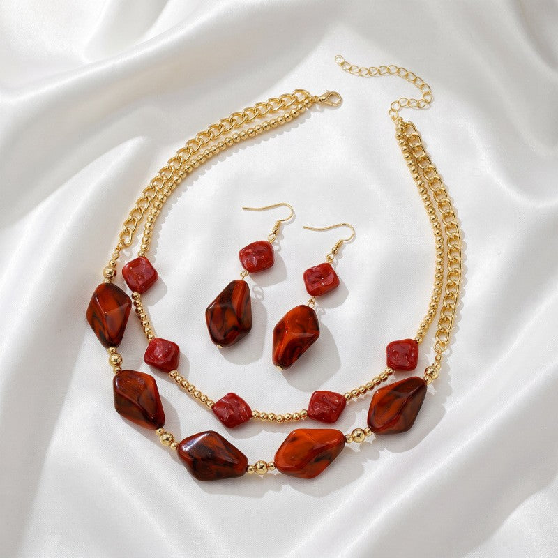 Classy Red Geometric Resin Necklace & Earring Set