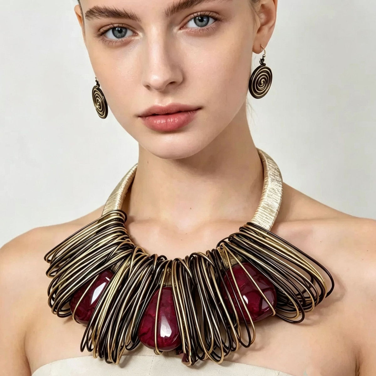Boho Woven Wire Turquoise Collar Necklace & Earring Set