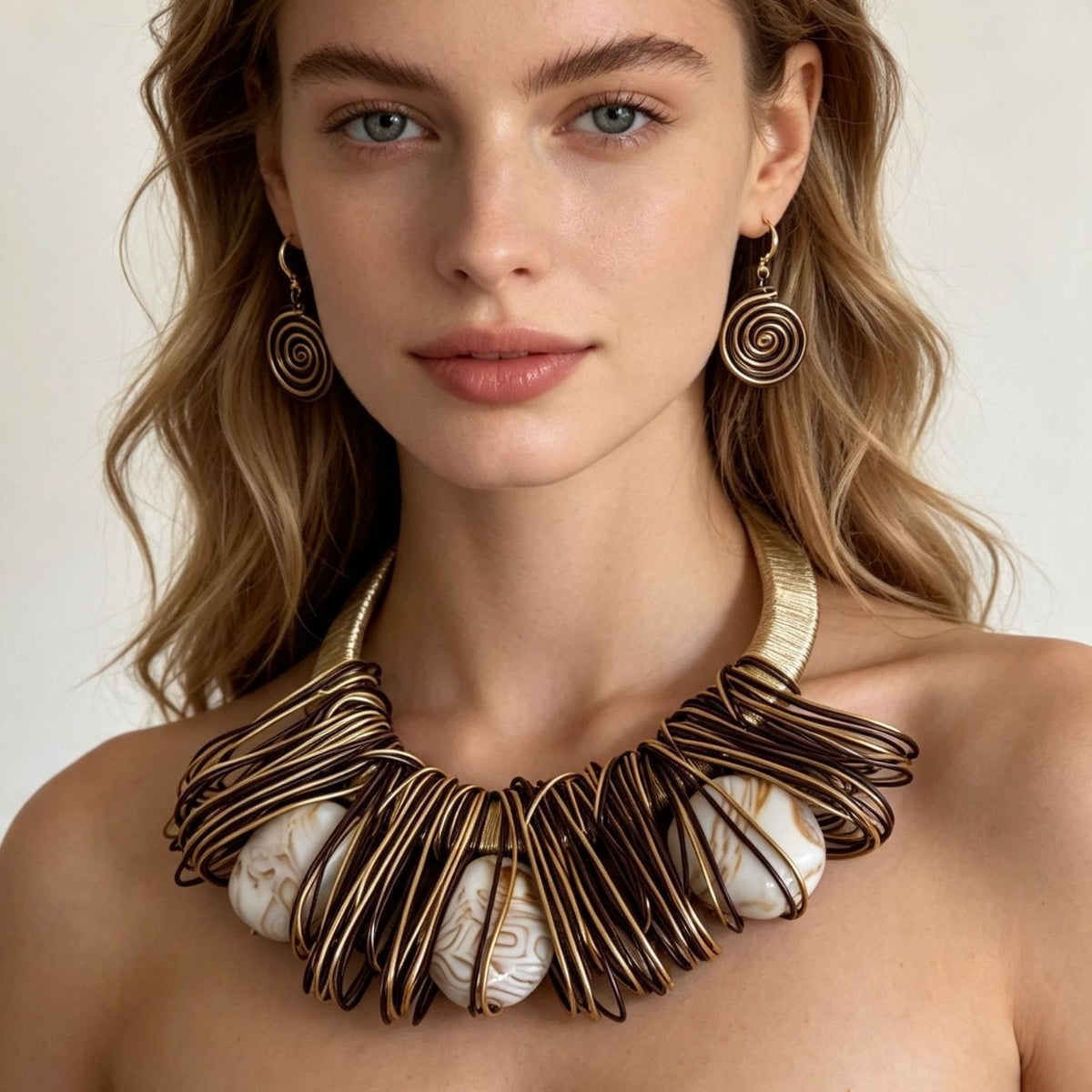 Boho Woven Wire Turquoise Collar Necklace & Earring Set