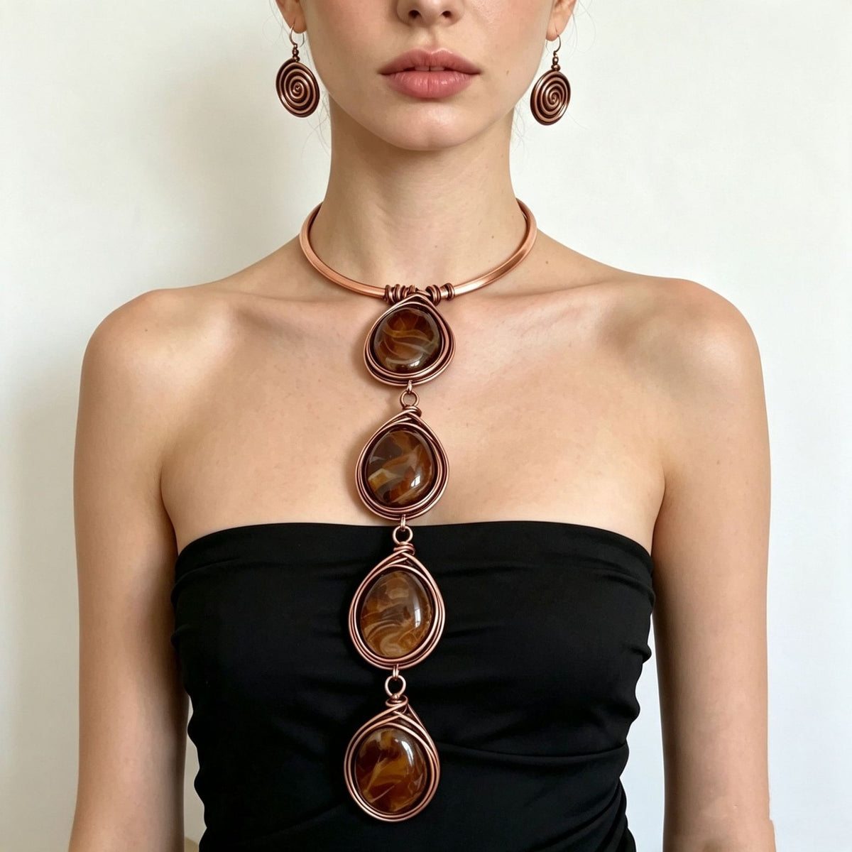 Boho Wire Wrapped Agate Necklace & Earring Set