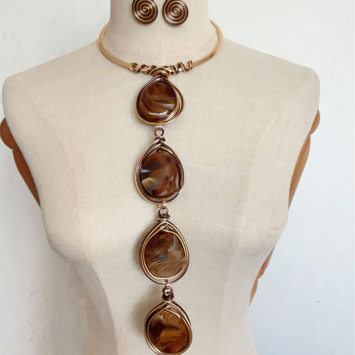 Boho Wire Wrapped Agate Necklace & Earring Set