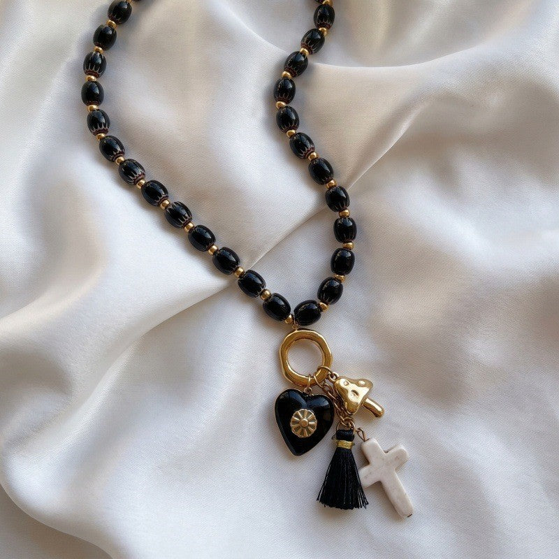 Edgy Black Bead Charm Necklace
