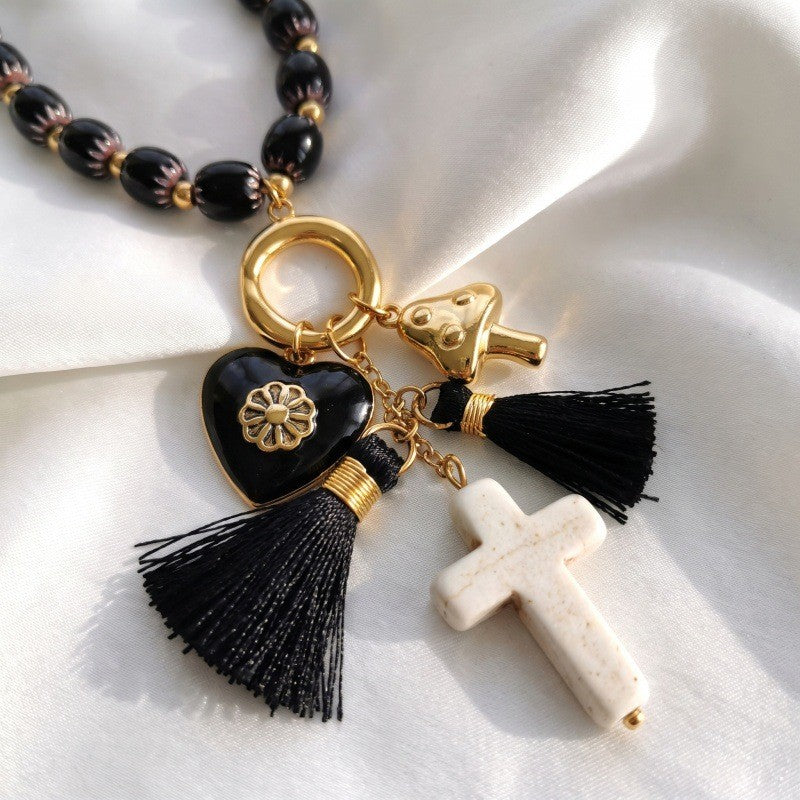 Edgy Black Bead Charm Necklace