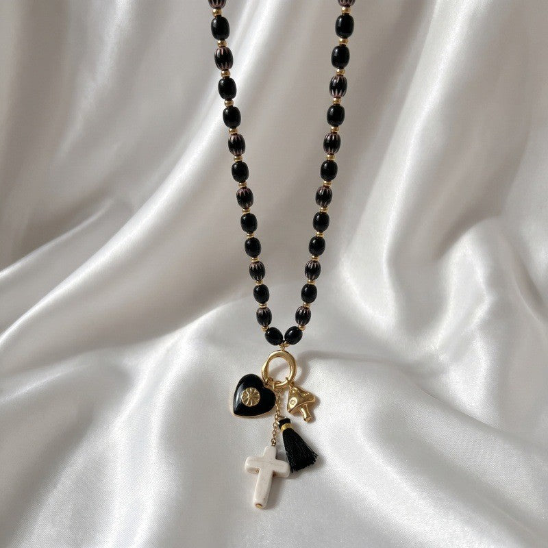 Edgy Black Bead Charm Necklace